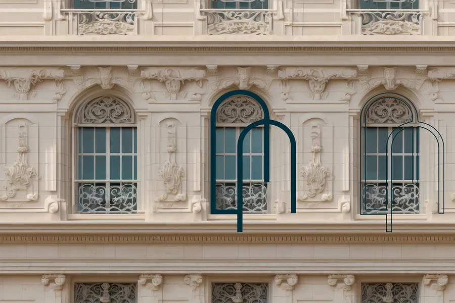 Detalhe da fachada neoclássica, Le Monde